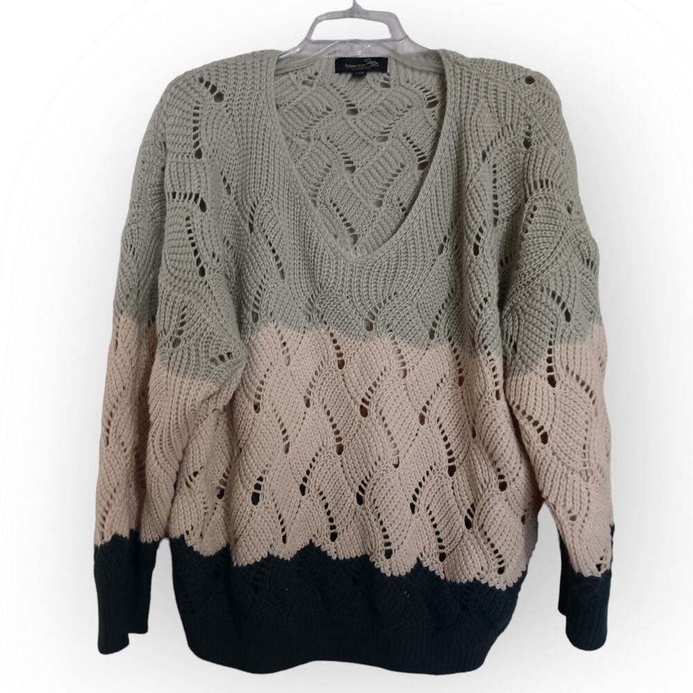 Suzanne Betro Signature Minnie Y open weave v neck color block sweater L/XL